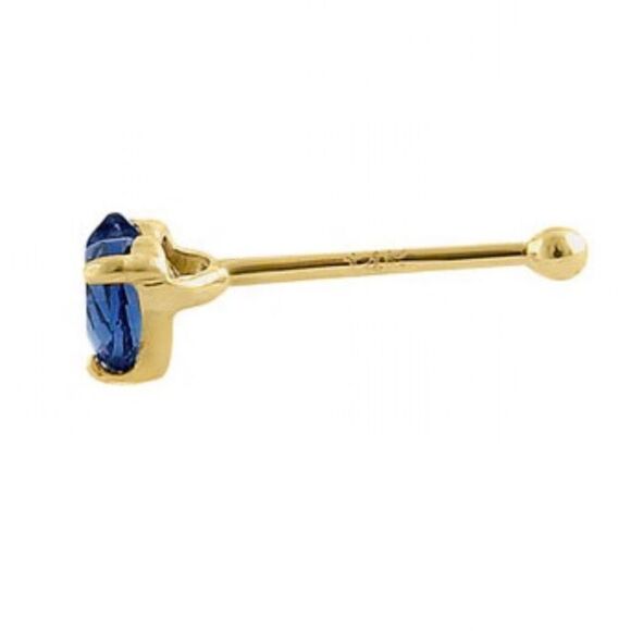 Solid 14K Yellow Gold Blue Sapphire Heart CZ Straight Nose Stud - Picture 3 of 4